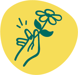une main qui tient une fleur sur fond jaune